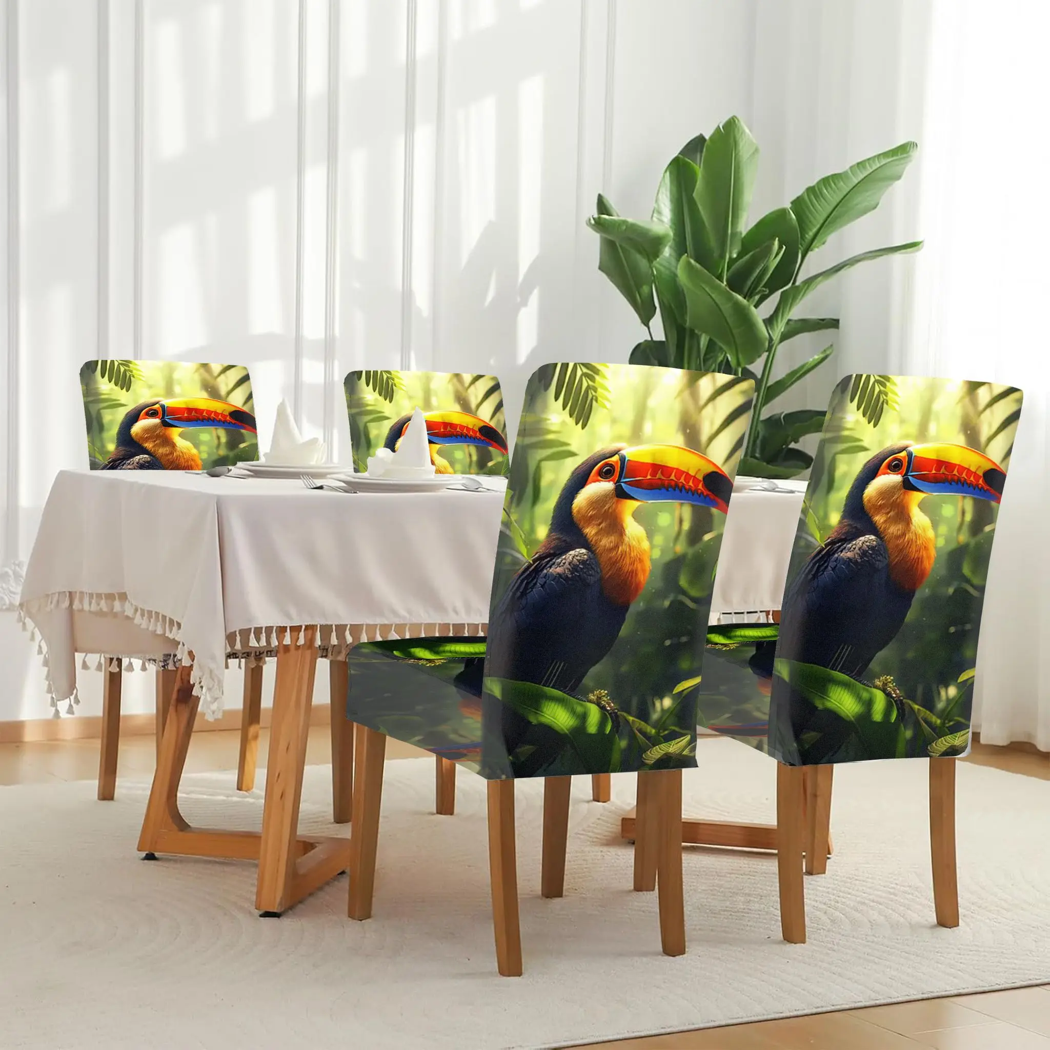 

Stretch Dining Chair Cover Tropical Rainforest Colorful Toucan Illustration Removable, Home Dining Chair Cover