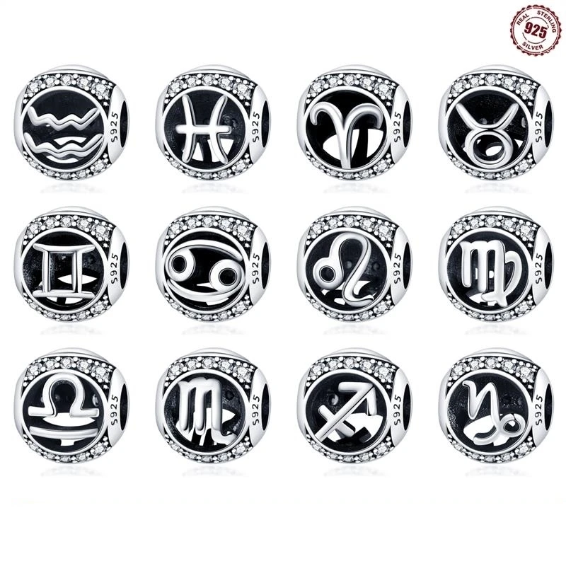 Cuentas de 12 Constelaciones para mujer, abalorios de Plata de Ley 925, Aquarius Leo, aptas para Pulsera Original, joyería artesanal, regalos de cumpleaños