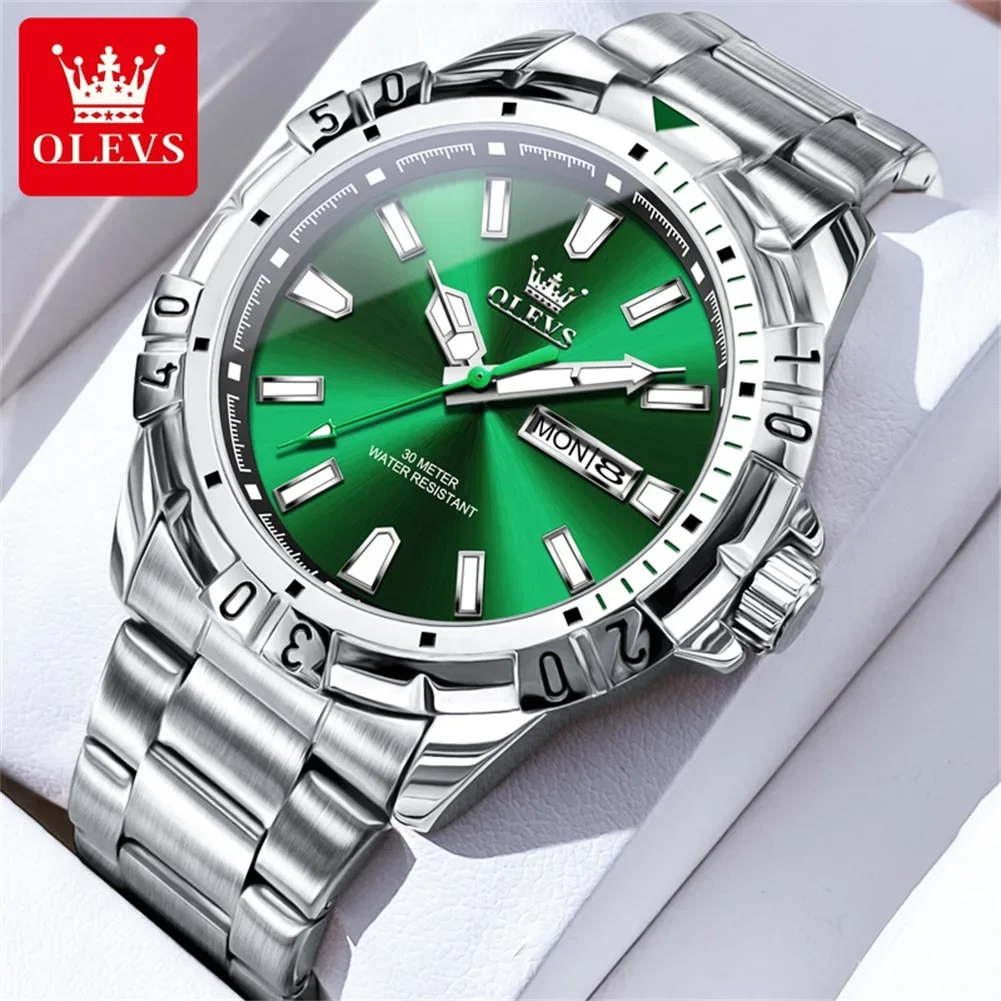 OLEVS Luxury Fashion Men Quartz Watch Dual Calendar Window Luminous Hands Stainless Steel Waterproof Sport Business Male Watch