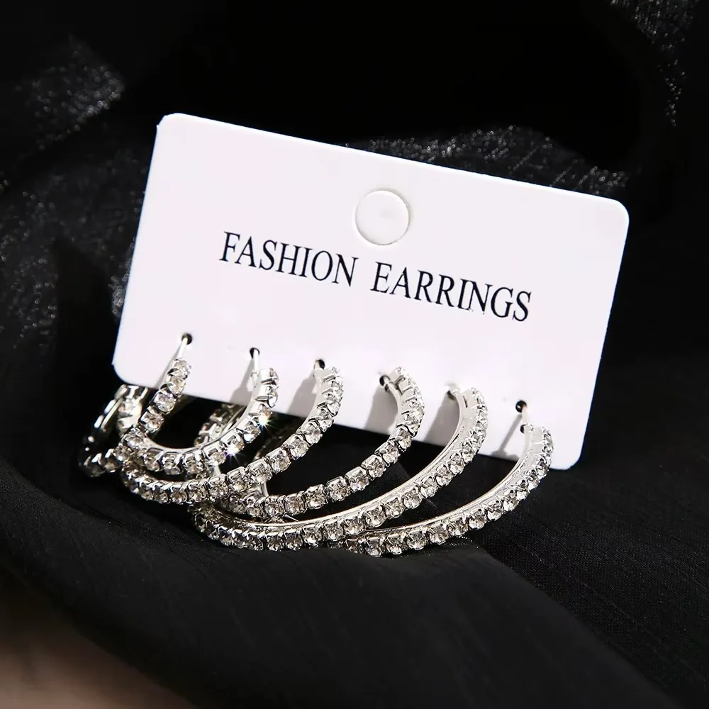 3 Pairs Full Shiny Rhinestone Hoop Earrings Different Size Gold/Silver Color Crystal Earrings Simple Luxury Jewelry Gifts Women