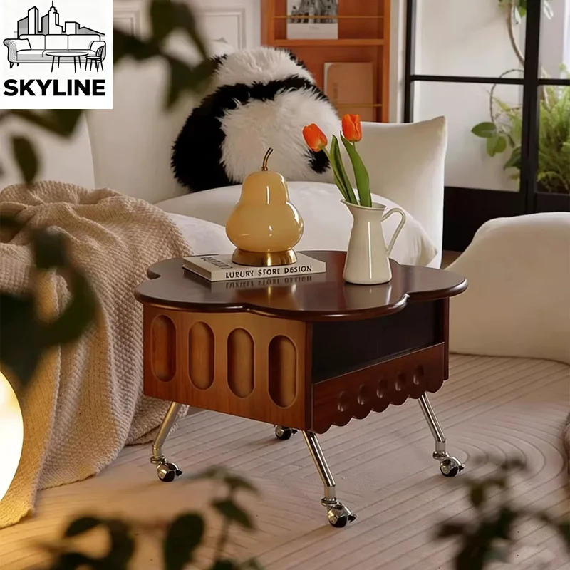 Solid wood sofa lace coffee table movable lift cart living room bedside table storage