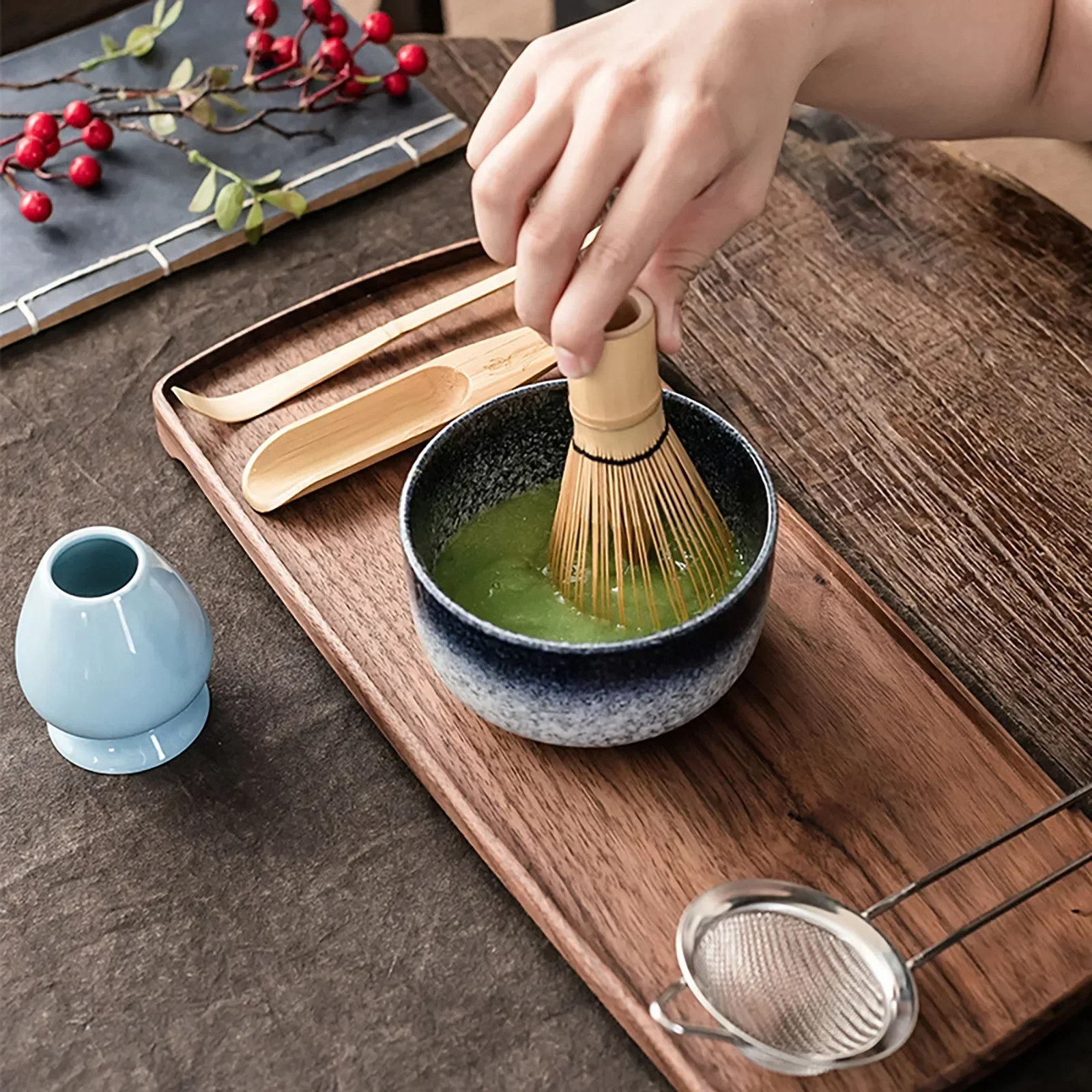 Imagem -04 - Conjunto de Escova para Batedor de Chá Peças Peças Bambu Matcha Colher e Suporte Tigela Matcha com Filtro Acessório de Cerimônia Matcha Japonesa