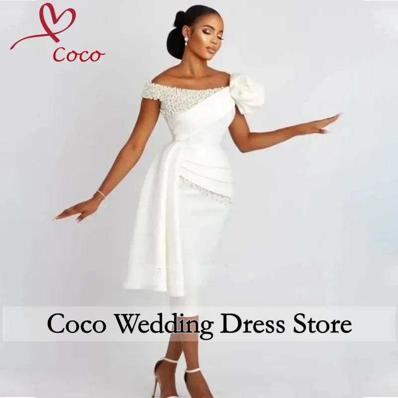 Customized Luxury White Short Wedding Dresses Off the Shoulder Pearls Party dresses 3D Floral Beaded African Bridal Gowns