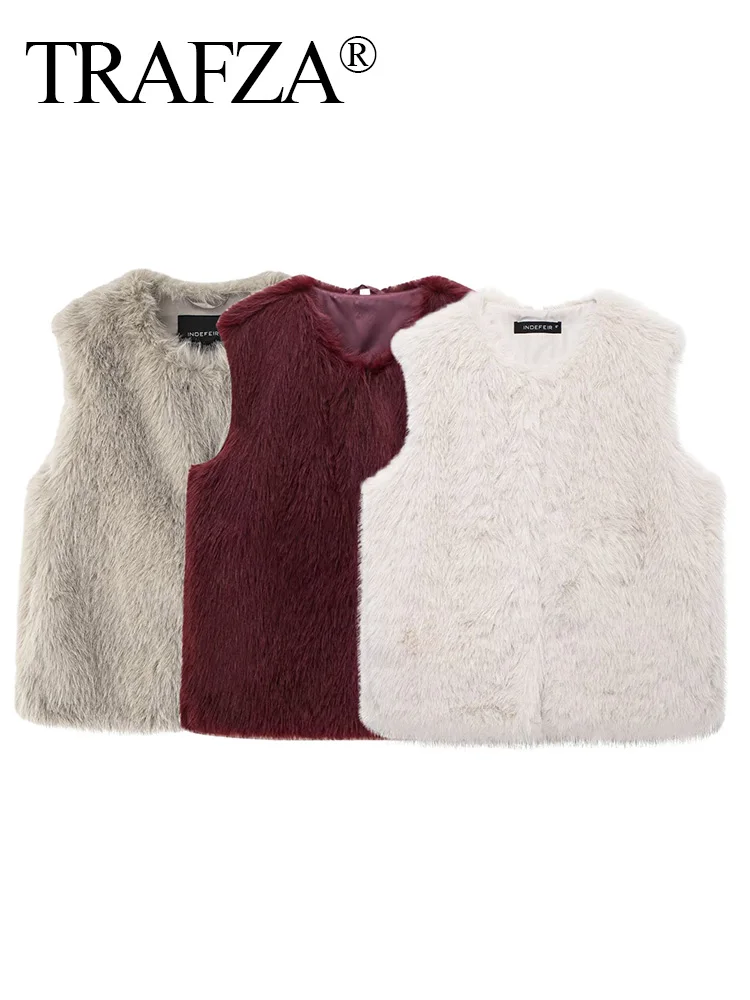 TRAFZA 2024 Women Short Faux Fur Soild Waistcoat Winter Casual Female Sleeveless Artificial fur Side Pockets Cropped Cardigan