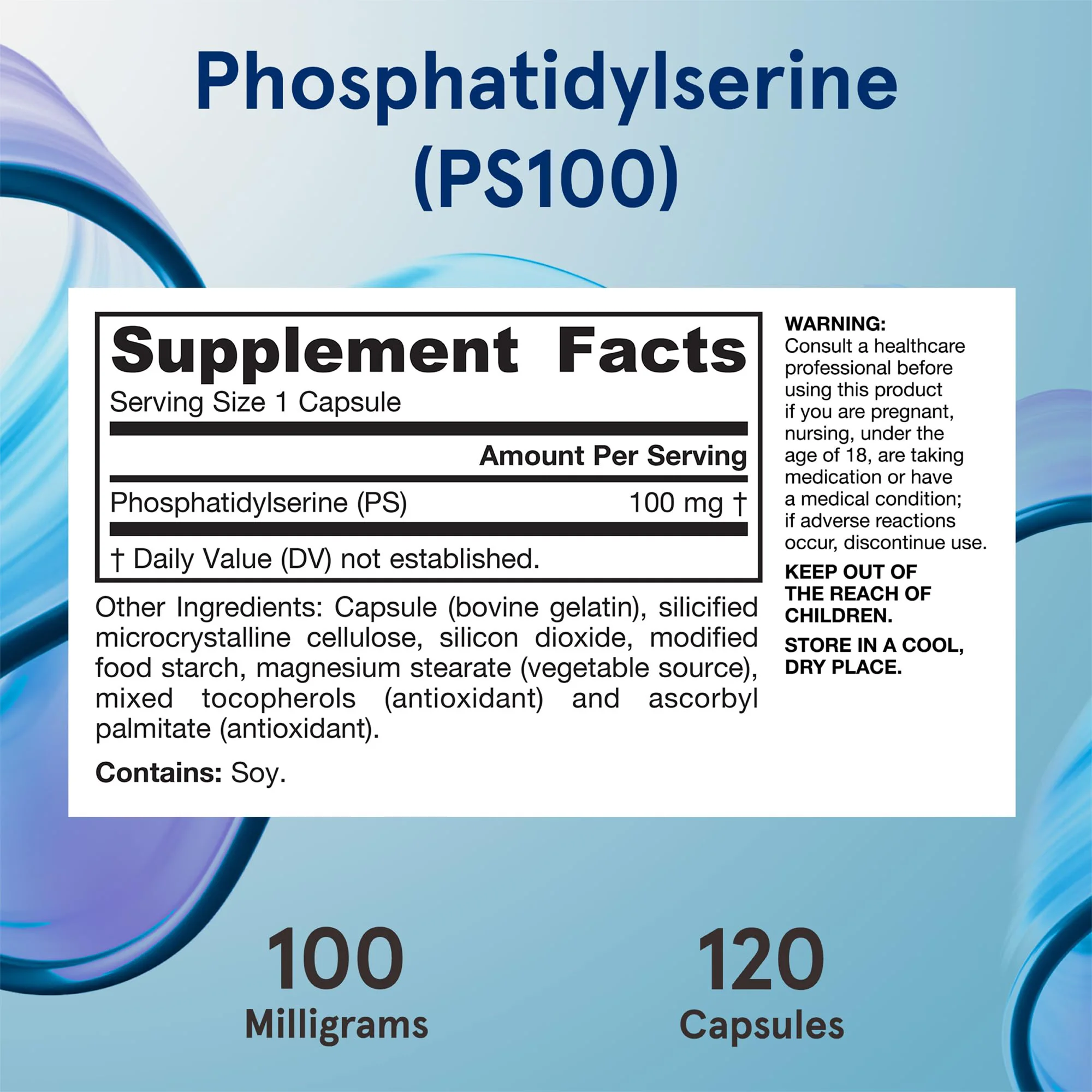 PS100 Phosphatidylserine 100mg - Promotes Brain Health and Cognitive Function, Maintains Mental Clarity and Enhances Memory