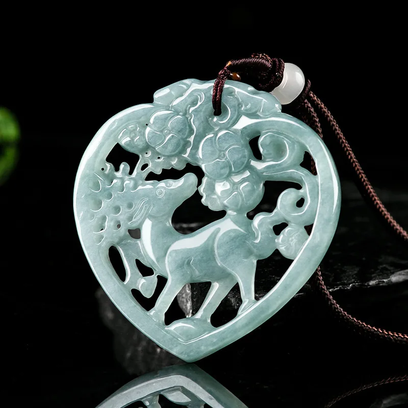 

Natural Jade Blue Water Hand Carved Hollow Sika Deer Jadeite Necklace Pendant Ethnic Style Personalized Couple Jewelry Gift