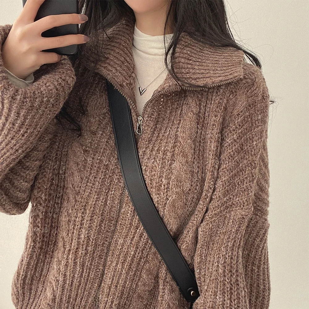 Thiened Maglione lavorato a maglia a collo alto con doppia cerniera Cardigan lungo aperto Sve Capispalla lavorato a maglia Lazy Sle Versione coreana Win...