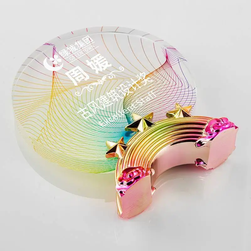 

Индивидуальный круглый цветной печать из смолы, хрустальный трофей, ежегодные награды о конференции в предприятии, выдающиеся сотрудников, медали, трофеи