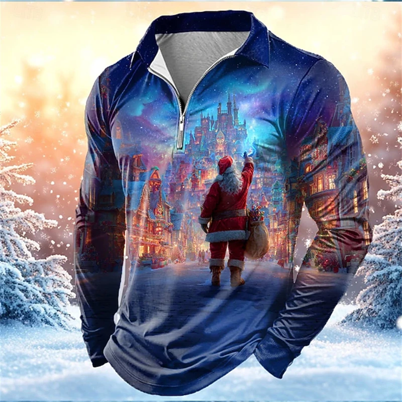 Christmas Style Men's Fashion Long-Sleeve Comfortable Polo Shirt Round Neck Zipper Design Casual Outdoor Party Shirt
