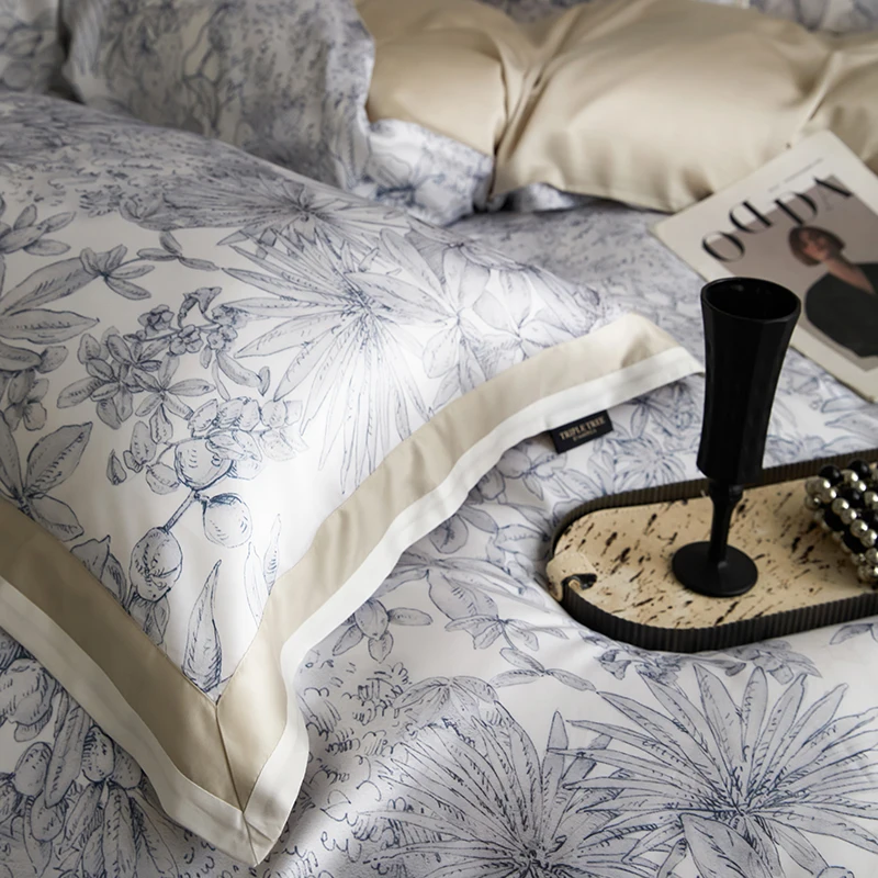 Floral Plant Print Color Blocking Bedding Set Lyocell Bamboo Fiber Soft Silky Duvet Cover Flat/Fitted Bed Sheet Pillowcases 4Pcs