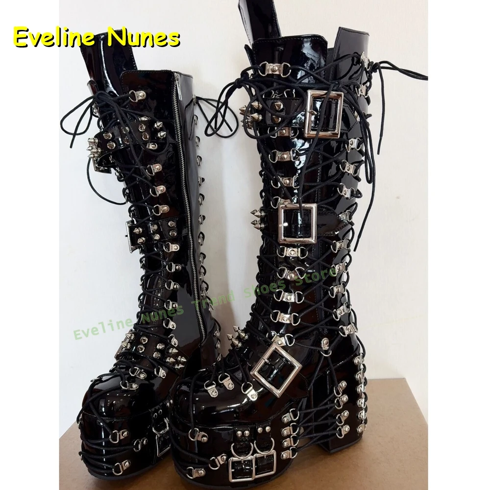 Y2K Red Gothic Platform Knee High Boots Women Punk Lace Up Buckle Chunky Heel Patent Leather Shoes Belt Buckle 2026 New Arrivals view 3