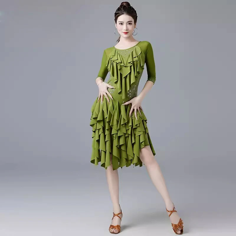 Gilr Salsa Samba Sling Stretchy Dress Half Sleeves Fringes Competition Costume Set Women One-Piece Latin Dance Dresses