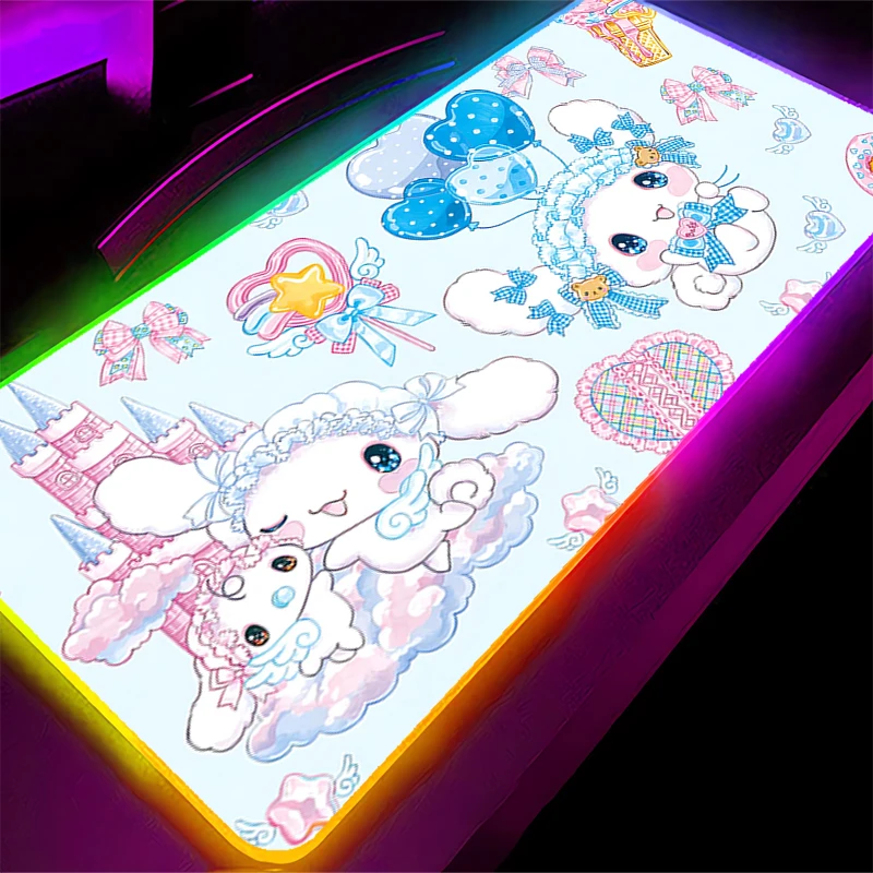 Mouse pad rgb cinnamoroll anime xxl kawaii, acessórios para jogos, teclado led, tapete de mesa, mousepad, luz de fundo