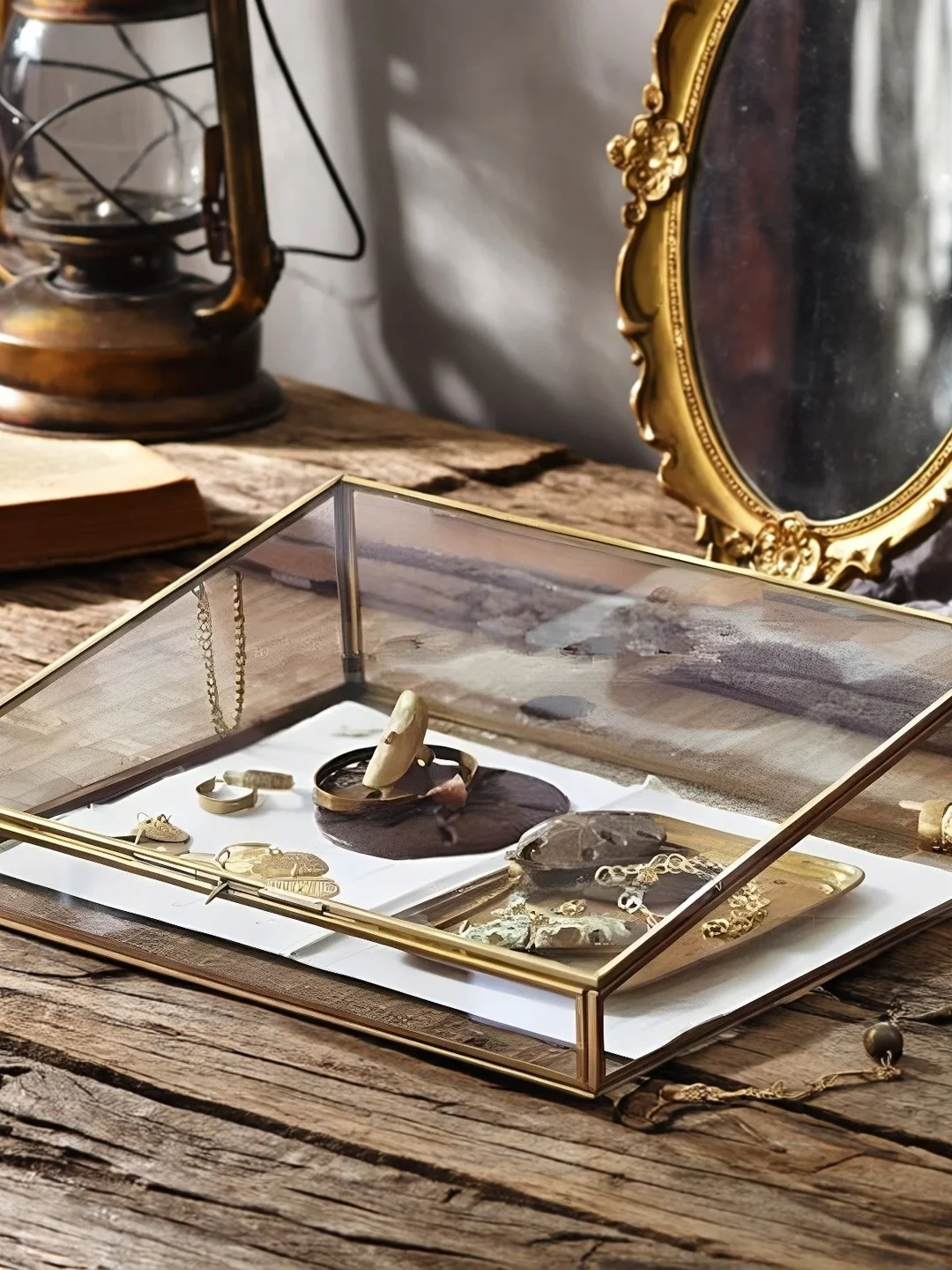 

Золотая стеклянная шкатулка для украшений, настольный органайзер, пылезащитный футляр для ювелирных изделий, простой современный прямоугольный бокс