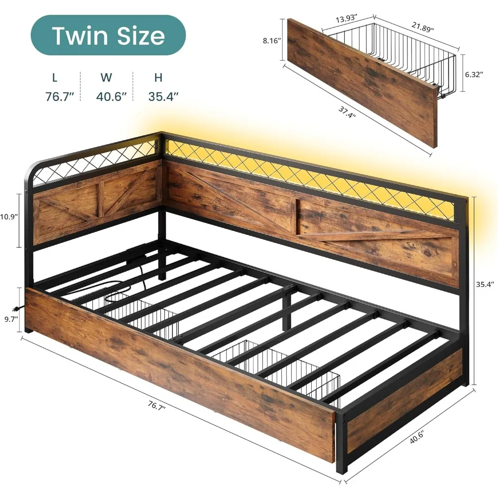 Twin Daybed with Storage Drawers, Corner Bed Frame with LED Lights and Charging Station for Living Room, Bedroom and Guest