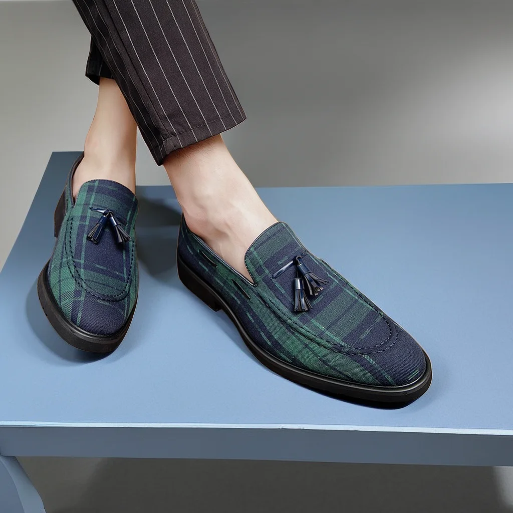 New Loafers Men Square Toe Tassels Gingham Canvas Fashion Dress Shoes Size 38-48