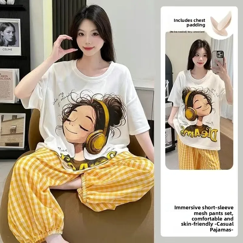 Pure Cotton Sleepwear Women's Short Sleeve Long Pants with Chest Pad Integrated Summer 2025 New Home Clothes Set plus Size Ou...