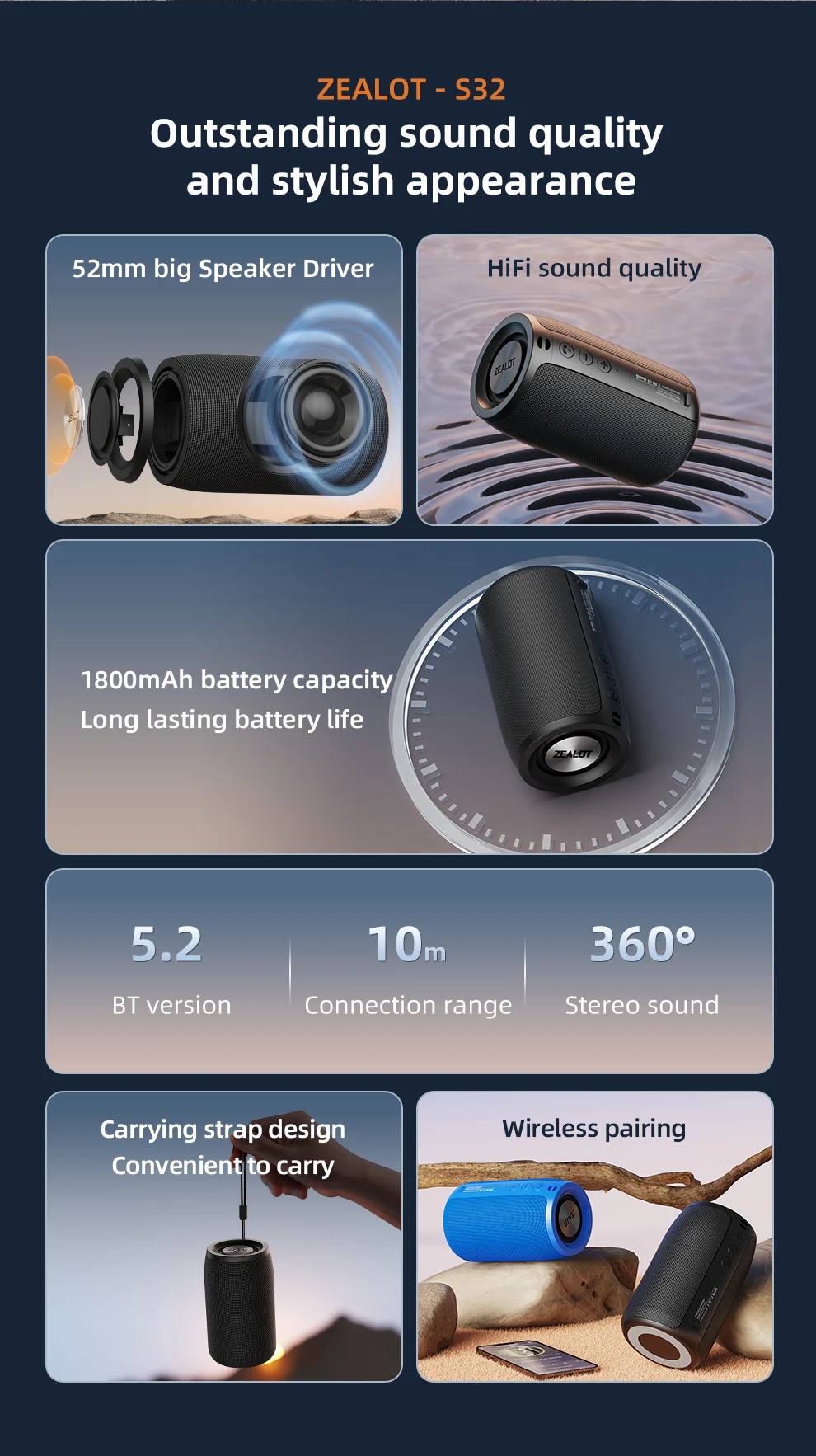 Zealot-S32 Mini Tragbarer Lautsprecher mit TWS, Bluetooth 5.3, Ausgewogenem Bass, IPX5 Wasserdicht für Alle Telefone, Outdoor – Detail 3