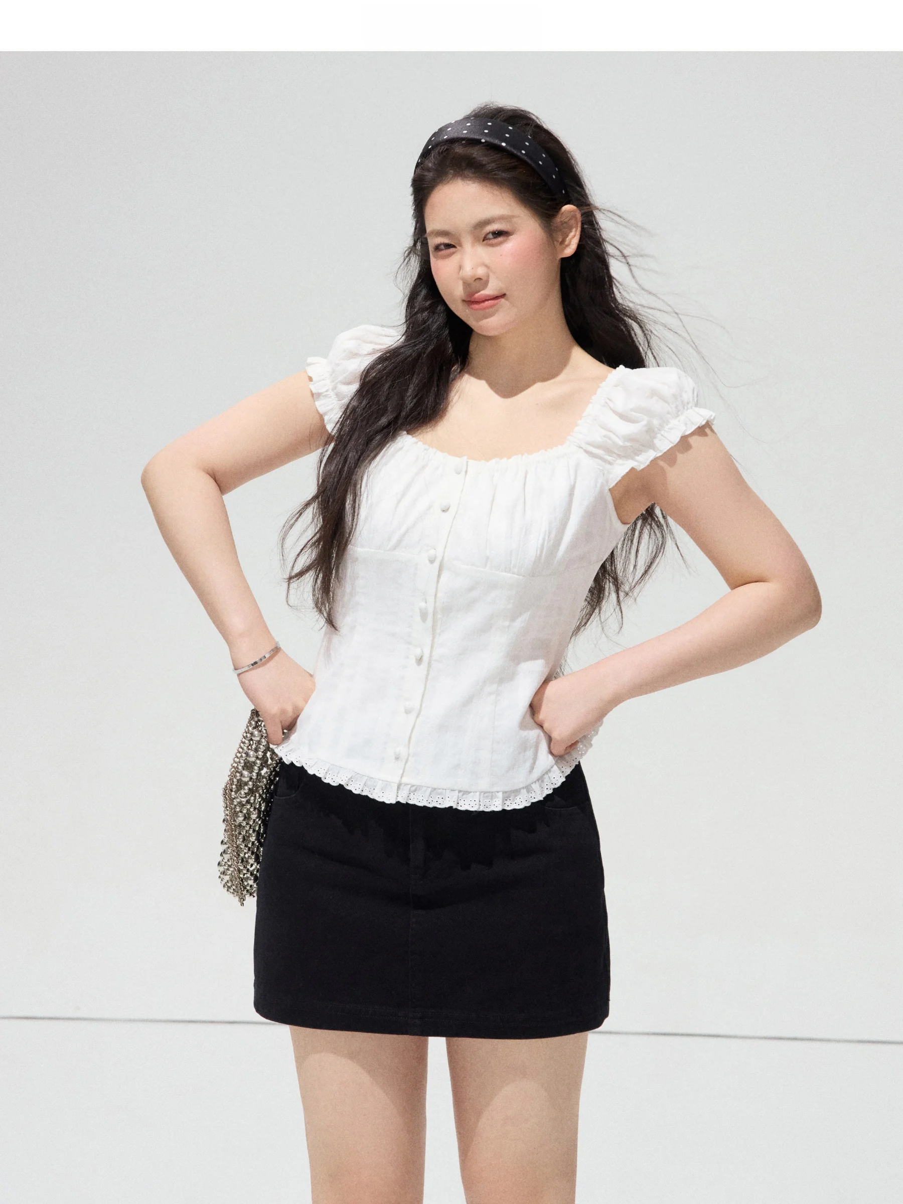 

Slimming Lace Trim Splice Waist Cinching Big Size Shirt for Plump Women Commute Style Cotton Short Sleeve Square Collar Top