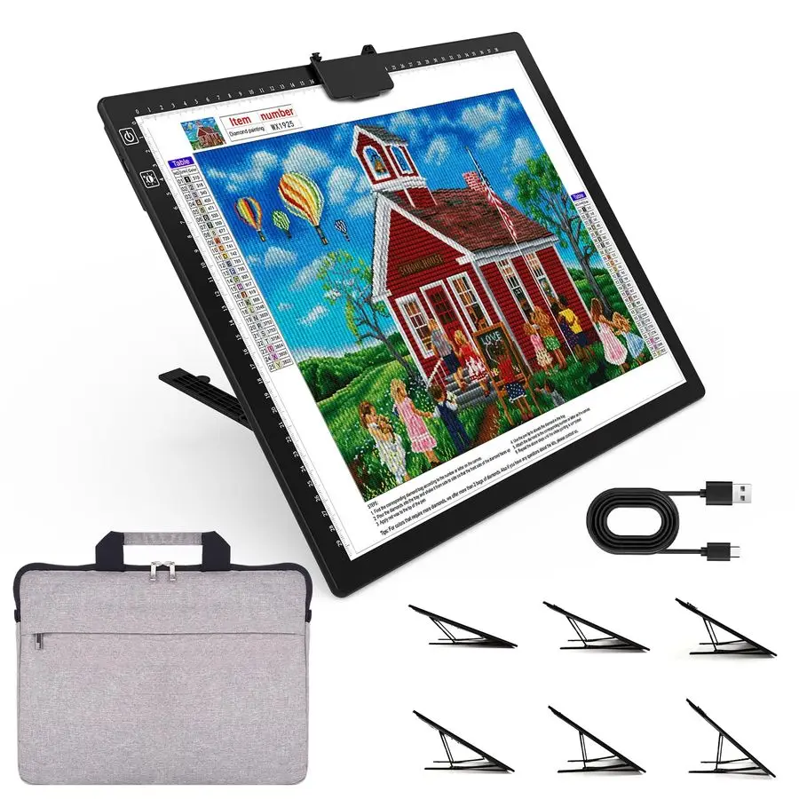 

Перезаряжаемая световая панель A3 для алмазной мозаики с сумкой для переноски, встроенной складной подставкой-зажимом, 3 цвета, 6 уровней яркости