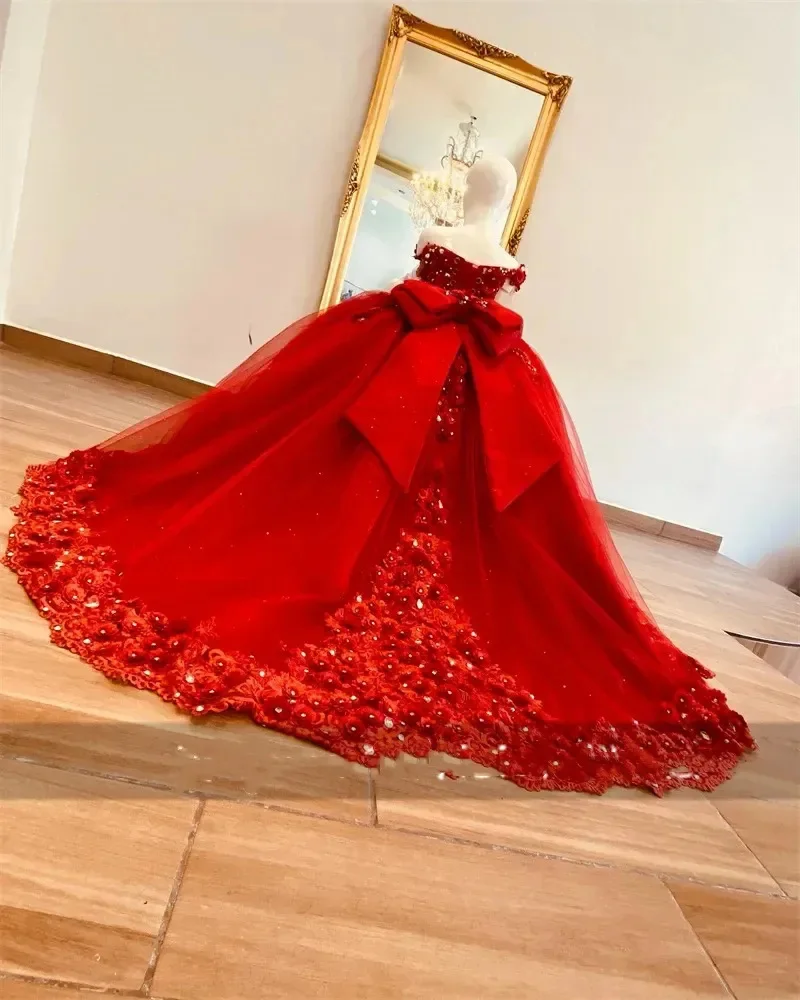 Red Customized Princess Flower Girl Dress for Wedding Lace Appliques Floor Lenght Kids Birthday Party First Communion Gown