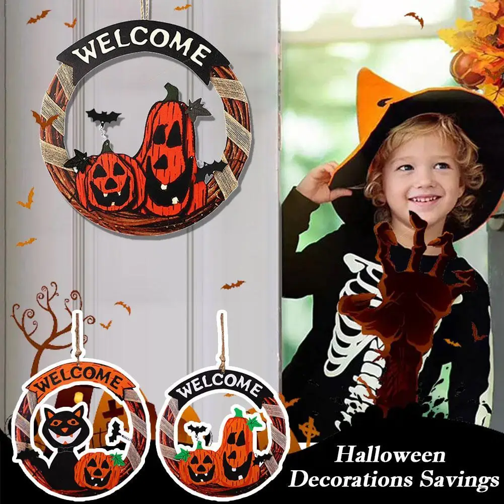 

Decor Halloween Wooden Hanging Pendant Door Sign Pumpkin Ghost Bat Swith Greeting Doorplate Wood Crafts Happy Halloween