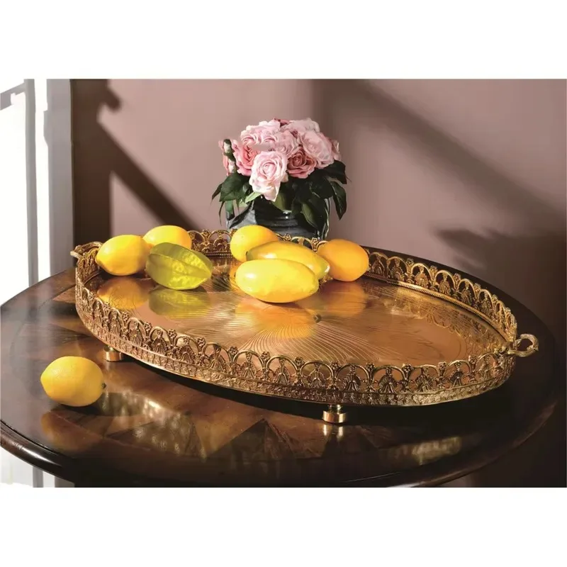 Round Brass Serving Tray with Dragon Pattern Large Fruit Plate for Home Decoration