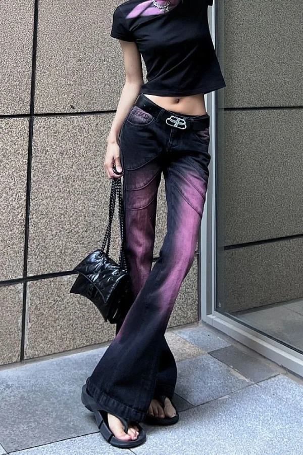

American Vibe Tie-Dye Gradient Purple Jeans for Women Low-Rise Y2K-Inspired Statement Pants, Trendy Straight-Cut Flared Design