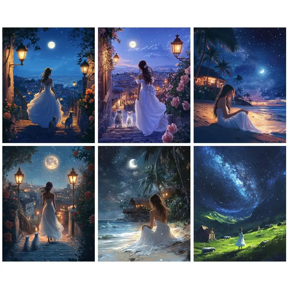 

PhotoCustom Diamond Painting Seaside Landscape Diamond Embroidery Kit Night House Diamond Mosaic Cross Stitch Handicraft