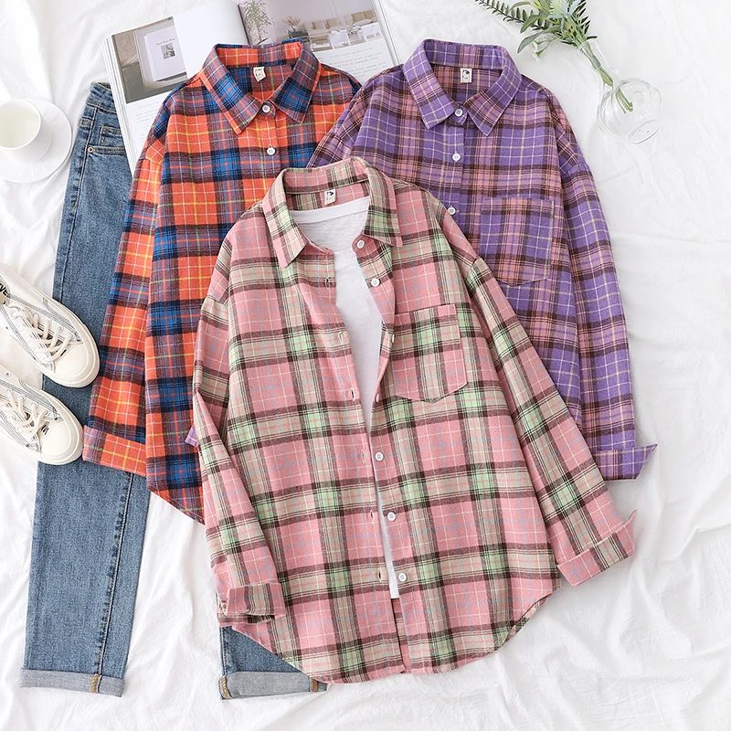 Casual Fresh Women's Plaid Shirt 2024 New Boutique Ladies Loose Blouse and Tops Female Long Sleeve Checked Blouses Clothes