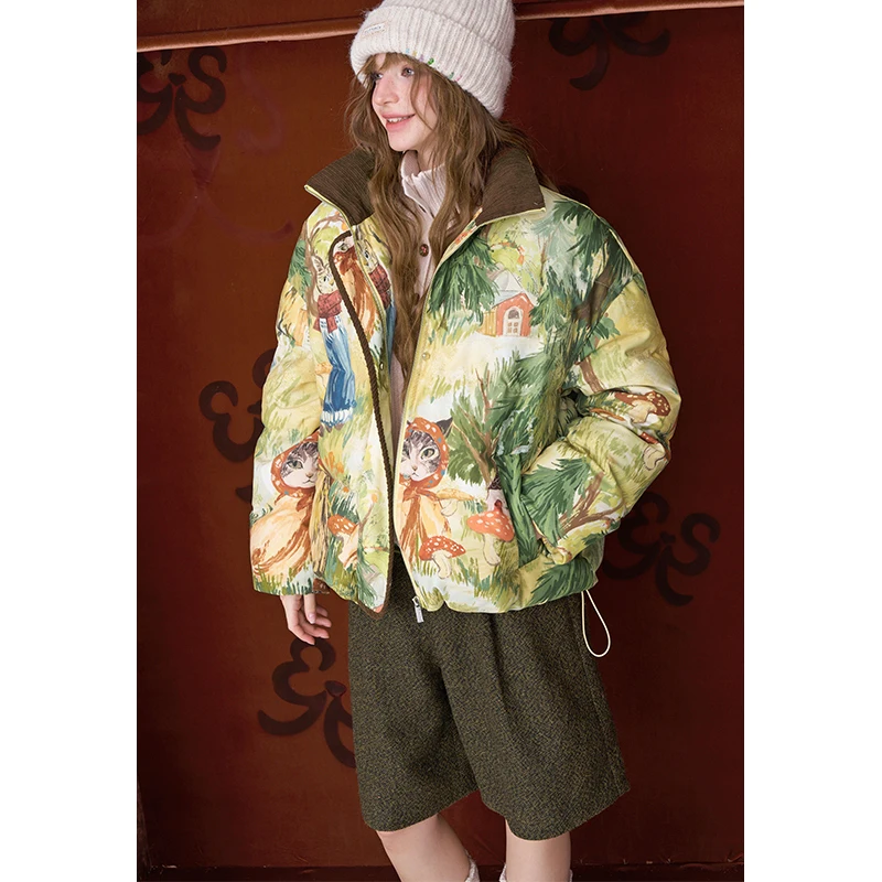ELFSACK Y2K Cottagecore Loose Forest Animal Graphic Convertible Collar Short Down Jacket For Women