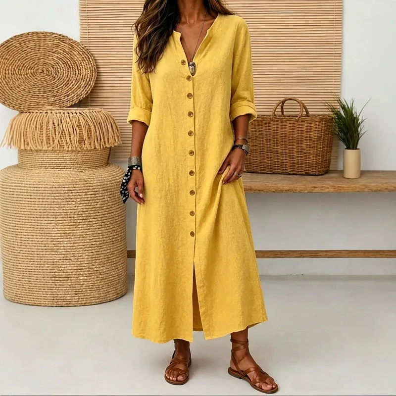Mid-to-long-sleeved V-neck Buttoned Front-opening Long Dress, Loose Pure Color Casual Commuting Women's Autumn Fashion New Style