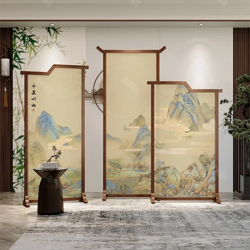 New Chinese Style Vast Rivers and Mountains Map Solid Wood Screen Home Mobile Seat Screen Company Lobby Decoration Office Cover