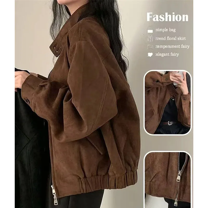 

American Ladies Long Sleeves Outwear Spring Autumn Femme Leisure Imitation Deer Fur Coat 2025 Women Fashion Stand Collar Jacket