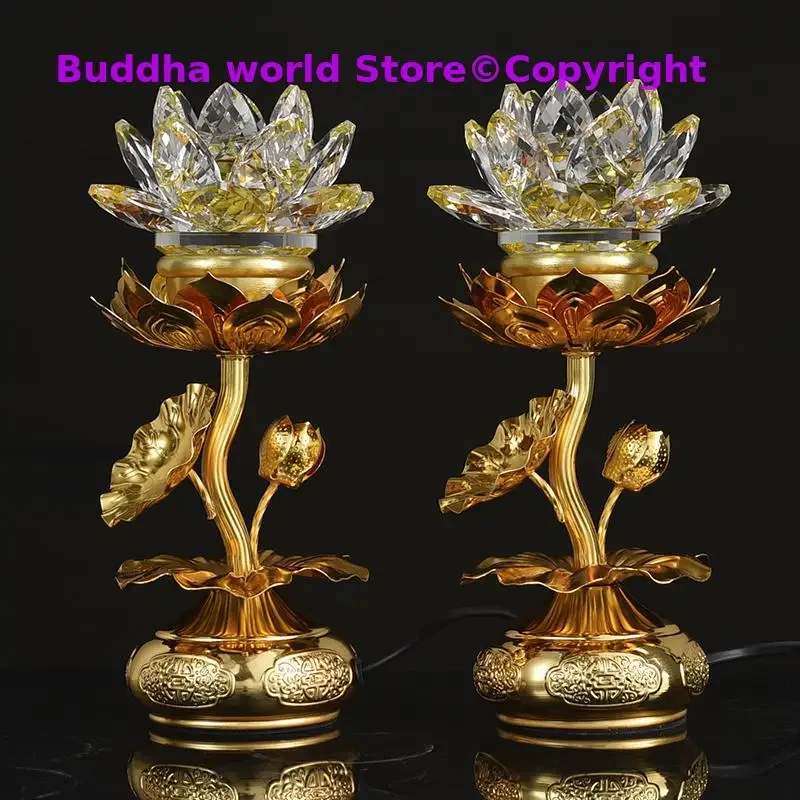 A Pair 2P Asia Buddhism supply HOME SHOP temple altar worship Guan yin buddha lotus flower 7 colour crystal Plug-in buddha lamp