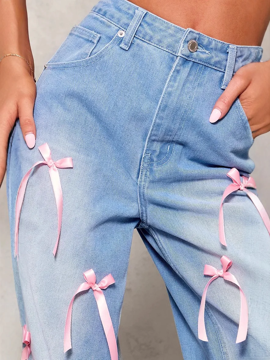 Spring Autumn Bow Y2k Jeans Women Wide Leg Long Pants High Waist Straight Trousers Streetwear Elegant Casual Loose Party Club
