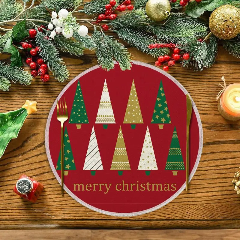 Wine Red Minimalist Christmas Tree Round Christmas Placemat, Wear-Resistant Plate Mat for Home Dining Table Decor