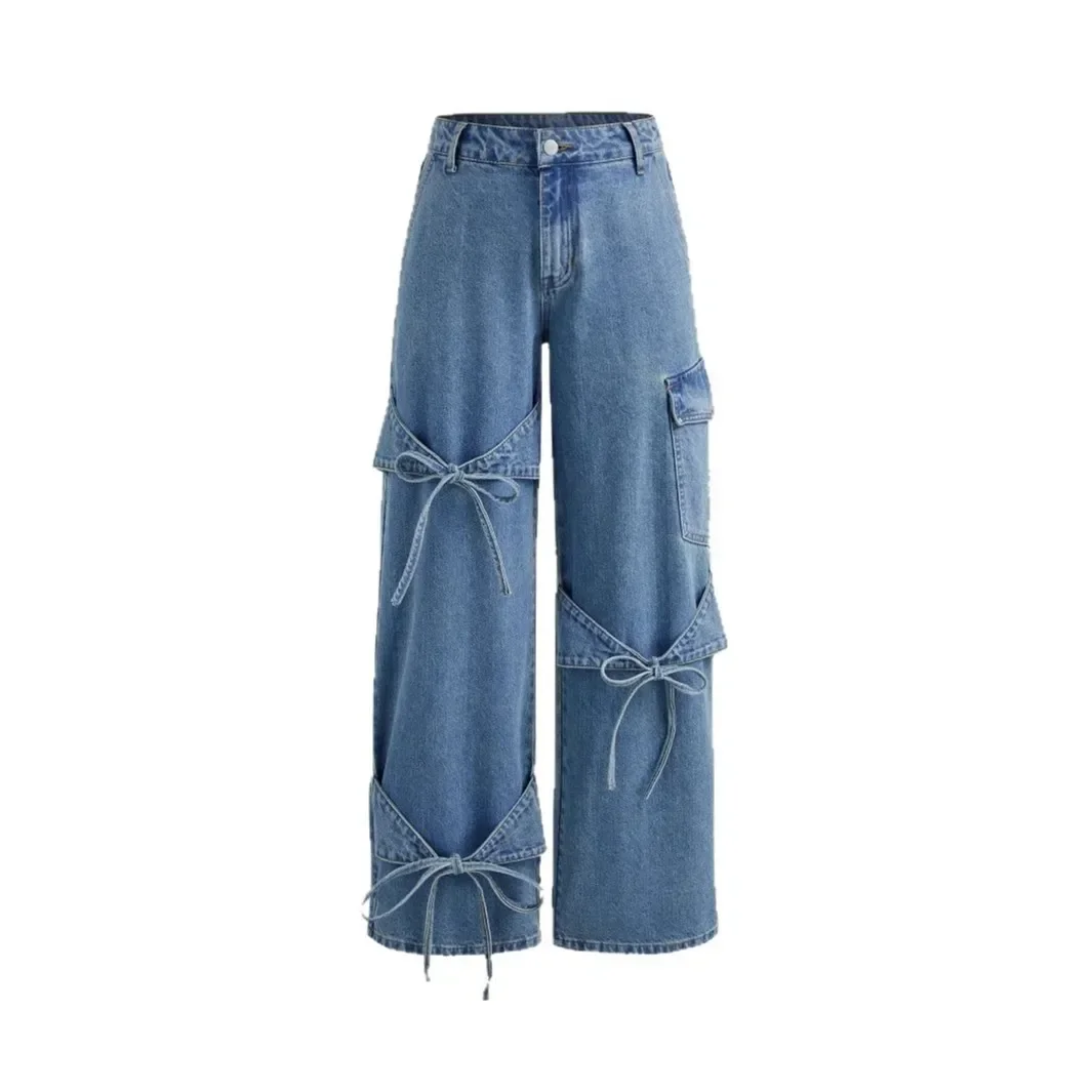 Dżinsy Damskie Denim Proste Szerokie Nogawki Spodnie 2025 Streetwear Guziki Kieszenie Średni Stan Sznurowane Kokarda Sprane Postarzane Spodnie