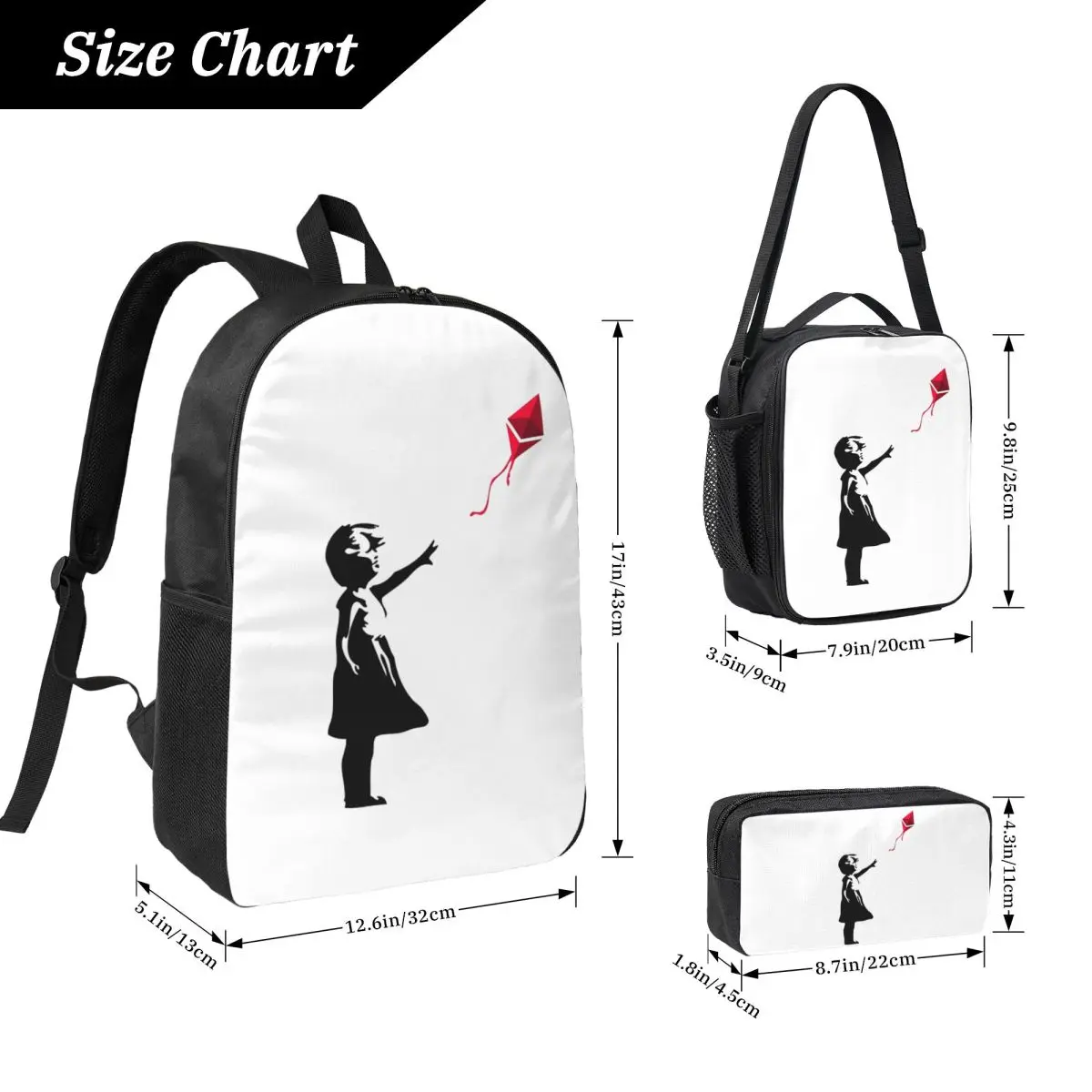 Ethereum X Banksy Balloon Girl Backpack Student BookBag School Bag Computer Shoulder Bags 3ps Insulated Lunch Bag Pencil Case