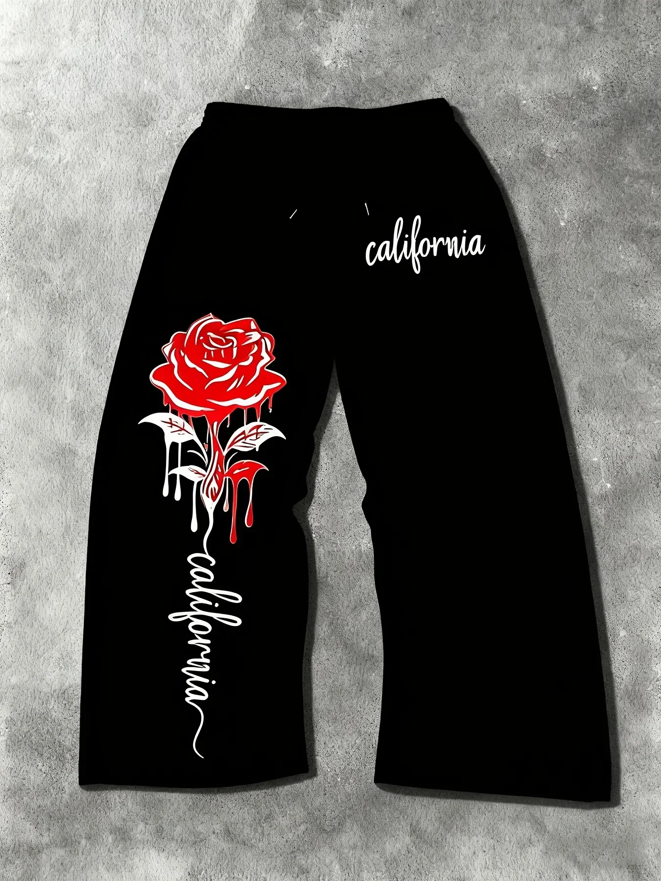 

2025 Autumn and Winter Men's Black Jogging Pants Red Rose Print Text Pattern Street Sports Pants Casual Drawstring Trousers
