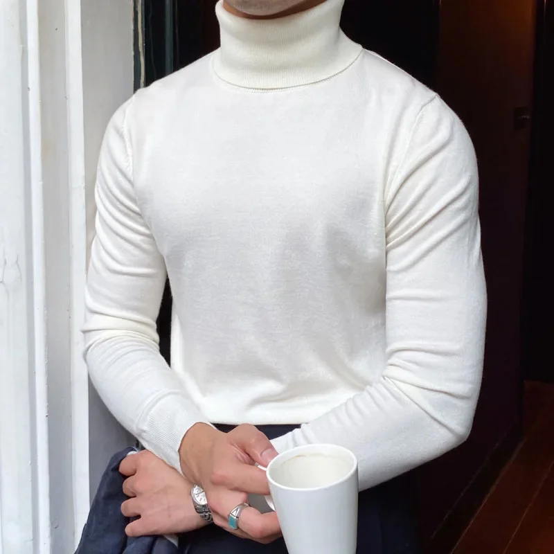 2024 Burgundy British Turtleneck Woolen Sweater Men's High Quality Knitted Long Sleeve Herren Pullover Winter