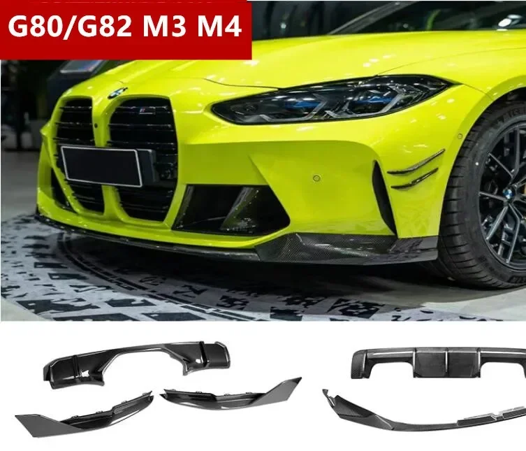 Front Bumper Lip+Rear Spoiler+Trunk Diffuser Cover +Side Body Skirt For BMW M3 M4 G80 G82 G83 2021 2022 2023 Real Carbon Fiber