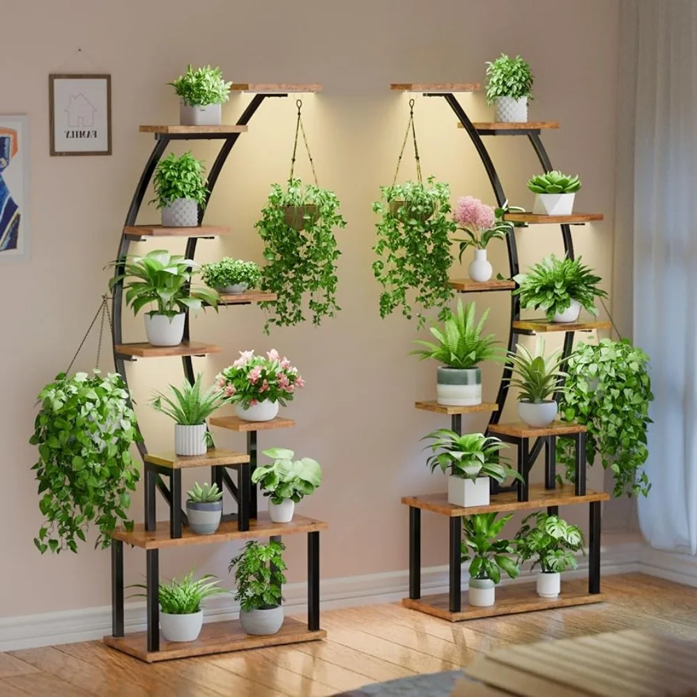 

9-layer metal plant racks, multiple 64 inch high indoor plant racks, and curved large plant display racks in the living room