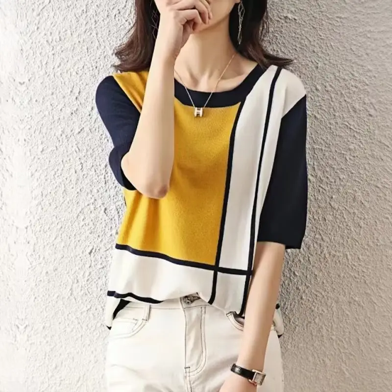 Ice knitted short-sleeved T-shirt women\'s summer new Korean version of thin paragraph loose thin color coat undershirt