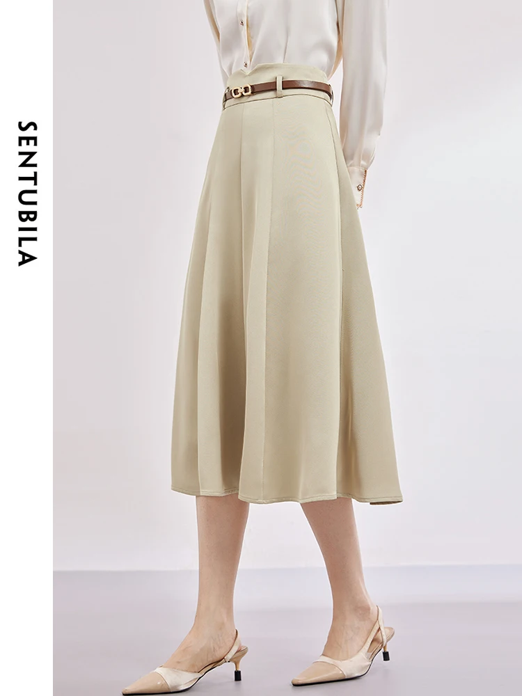 SENTUBILA Elegant A-line Satin Skirts for Women Spring 2024 Office Lady Commute Fashion Midi Skirt Woman's Clothes 141Q53192