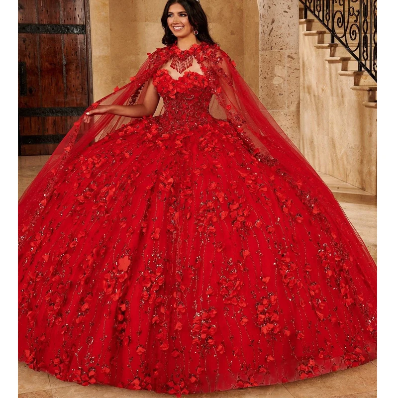 Vestido De quinceañera rojo personalizado, vestido De baile con capa, corsé De flores 3D, Apliques De encaje con cuentas, dulce 16, Vestidos De 15