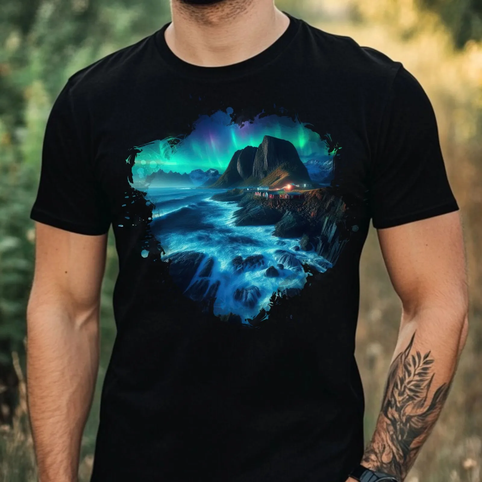 

Mens Watercolour Northern Lights Motif Cotton T-Shirt Outdoor casual fashion trendy T-shirt