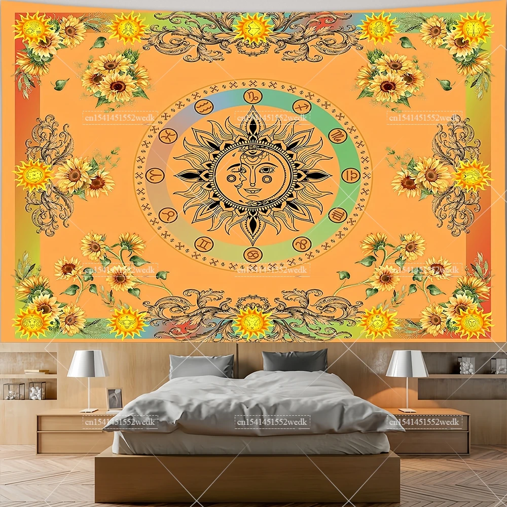 الأصفر الشمس والقمر التعادل صبغ نسيج إيندي البوهيمي الأزهار نسيج عباد الشمس فراشة العثة كوكبة المفروشات الجمالية #2