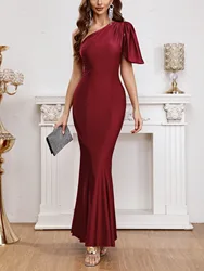 Winered Sexy Sleeveless Dress One Shoulder Ruffle Ruched Party Evening Long Formal Gowns