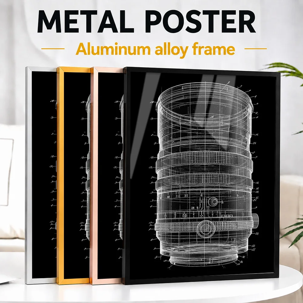Camera Lens Blueprint Framed Metal Poster Personalized Photo Technical Reference Style Wall Art For Study Unique Engineer Gift